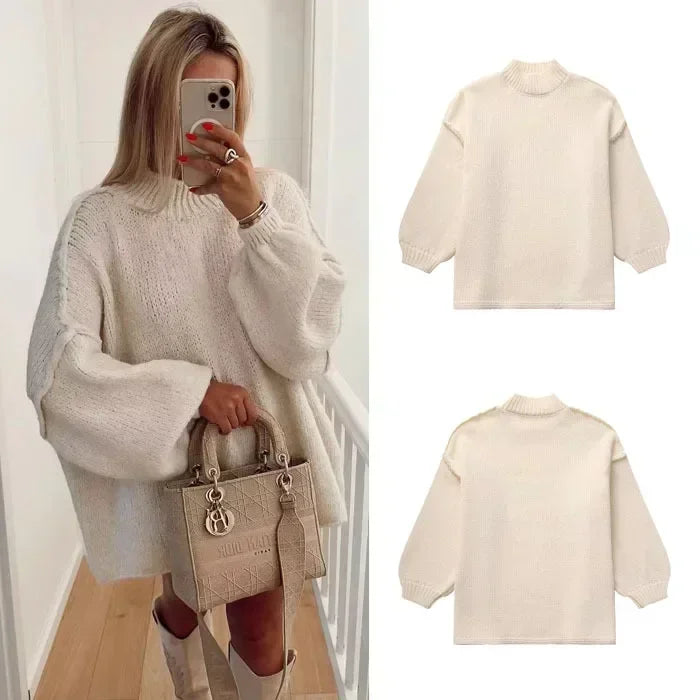 Stay Chic and Cozy: Autumn/Winter Women’s Lantern Sleeve Round Neck Knitted Jumper