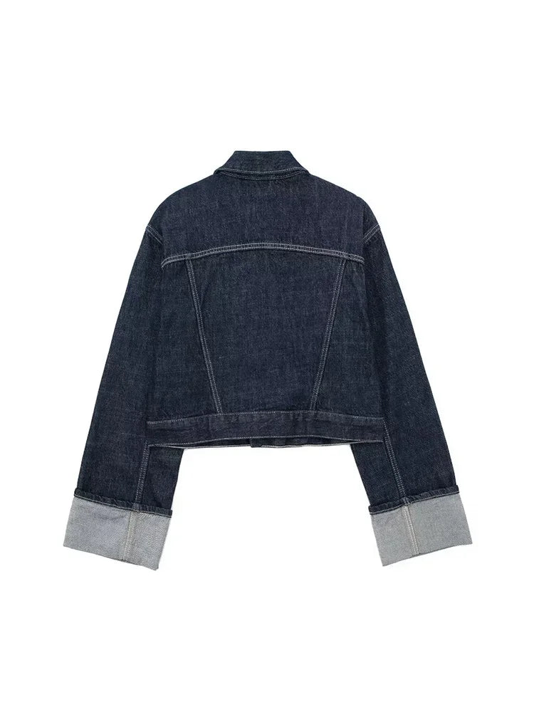 MEIS™| Women Fashion With Pockets Denim Blue Single Breasted Jackets Vintage Lapel Neck Long Sleeves Female Chic Lady Outfits