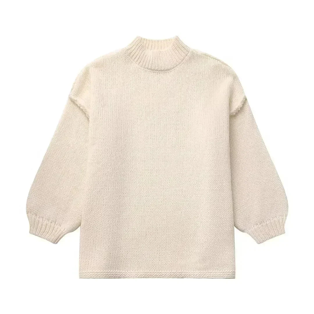 Stay Chic and Cozy: Autumn/Winter Women’s Lantern Sleeve Round Neck Knitted Jumper