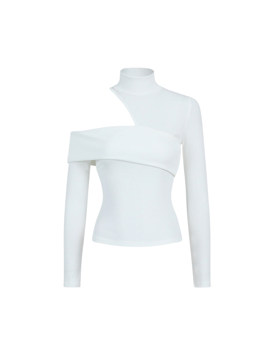 MEIS™ | Mockneck Oblique Cutout Rib Long Sleeve Knit Top