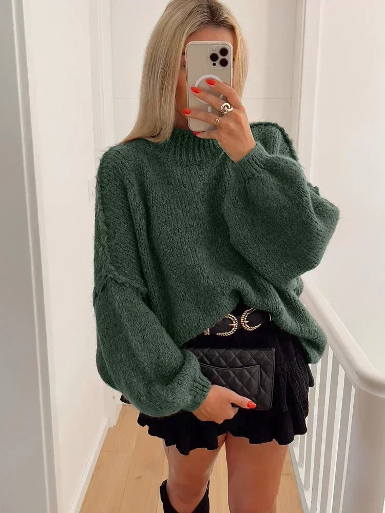 Stay Chic and Cozy: Autumn/Winter Women’s Lantern Sleeve Round Neck Knitted Jumper