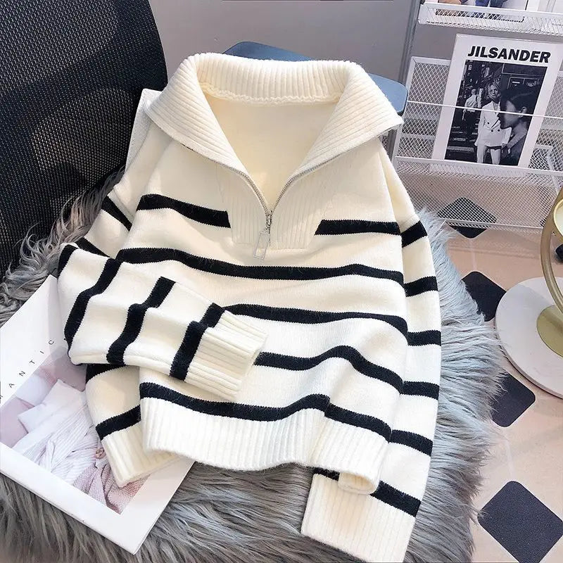 MEIS™ | Trendy & Chic: Women’s Zip-Up Striped Sweater – Perfect for Spring & Fall